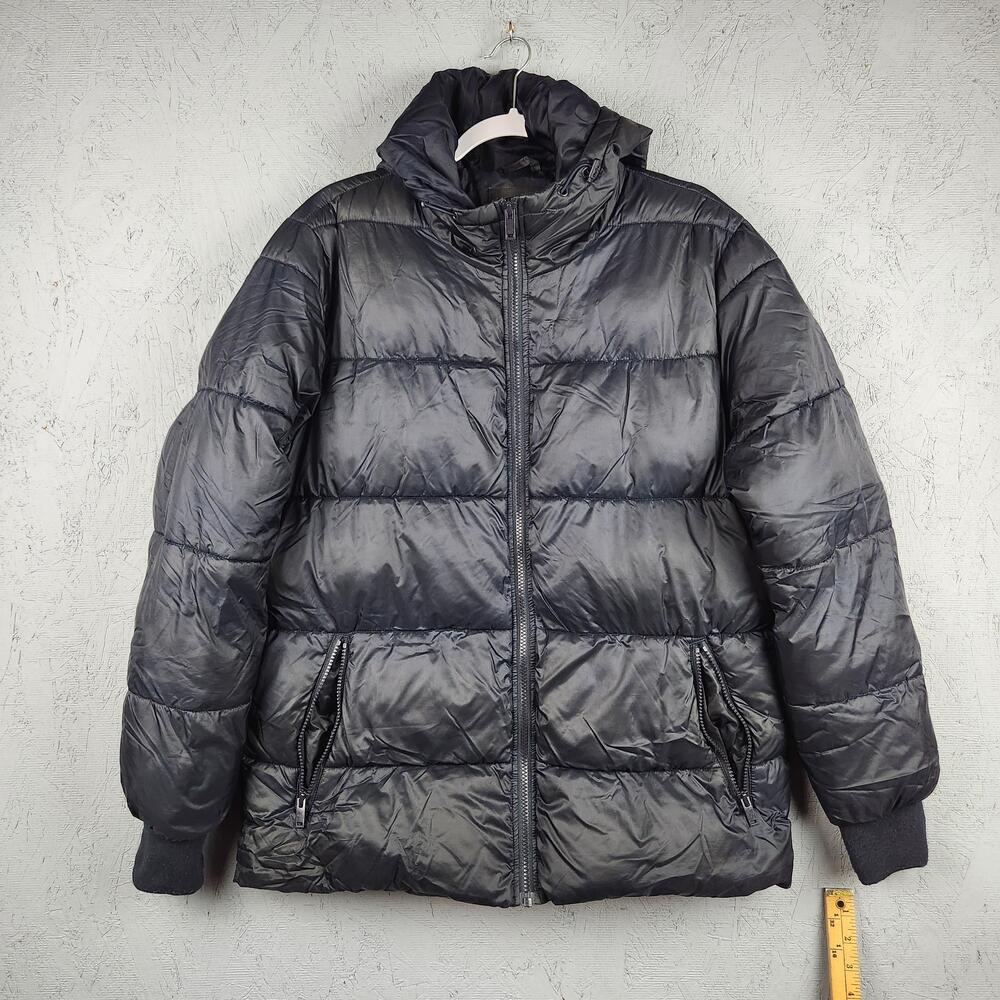 Nordstrom Puffer Jacket Mens Medium Black Hooded Full Zip Pockets Preppy Heavy